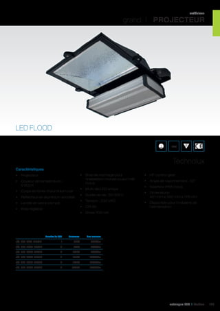 extérieur

grand I PROJECTEUR

LED FLOOD
IP65

Technolux
Caractéristiques
•	 Bras de montage pour
l’installation murale ou sur mât
inclus

•	 Projecteur
•	 Couleur de température :
5 000 K
•	 Corps en fonte d’aluminium noir
•	 Réflecteur en aluminium anodisé
•	 Lentille en verre trempé

•	 Durée de vie : 50 000 h
•	 Tension : 230 VAC
•	 CRI 65

•	 Bras réglable

	

•	 Multi-die LED arrays

•	 HF control gear
•	 Angle de rayonnement : 55°
•	 Gearbox IP65 inclus
•	 Dimensions :
451 mm x 502 mm x 178 mm
•	 Disponible pour l’industrie de
l’alimentation

•	 Driver 700 mA

Nombre de LED	

Puissance	

Flux lumineux	

réf. 401 LFL1-3LR1Z	

1	 39W	3000Lm	

réf. 401 LFL2-3LR1Z	

2	 83W	6000Lm	

réf. 401 LFL3-3LR1Z	

3	124W	 9000Lm	

réf. 401 LFL4-3LR1Z	

4	 166W	12000Lm	

réf. 401 LFL5-3LR1Z	

5	 194W	15000Lm	

réf. 401 LFL6-3LR1Z	

6	205W	18000Lm	

catalogue LED I Cebeo

129

 