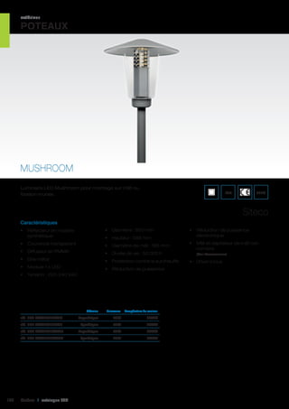extérieur

POTEAUX

MUSHROOM
Luminaire LED Mushroom pour montage sur mât ou
fixation murale.

IP54

ENEC

Siteco
Caractéristiques
•	 Réflecteur en matière
synthétique

•	 Diamètre : 650 mm

•	 Couvercle transparent

•	 Diamètre de mât : 185 mm

•	 Diffuseur en PMMA

•	 Durée de vie : 50 000 h

•	 Gris métal

•	 Protection contre la surchauffe

•	 Module 1 x LED

•	 Réduction de puissance

•	 Hauteur : 586 mm

•	 Tension : 220-240 VAC

	

réf. 508 5XA52317NA28	

Diffusion	

Puissance	

Asymétrique 	

Température de couleur	

36W	

4000K	

réf. 508 5XA52317NS28	
réf. 508 5XA52317WA28	

Asymétrique	36W	

3000K	

réf. 508 5XA52317WS28	

130

Symétrique	43W	
Symétrique	43W	

3000K	

Cebeo I catalogue LED

4000K	

•	 Réduction de puissance
électronique
•	 Mât et daptateur de mât non
compris
(Voir Accessoires)

•	 Driver inclus

 