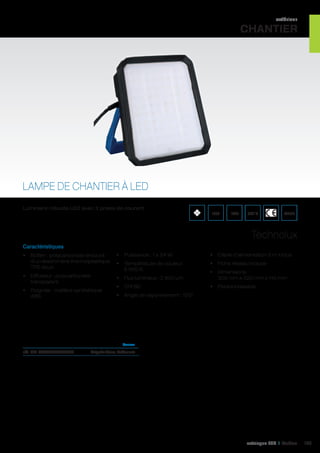 extérieur

CHANTIER

LAMPE DE CHANTIER À LED
Luminaire robuste LED avec 3 prises de courant

IP54

IK07

850°C

WEEE

Technolux
Caractéristiques
•	 Boîtier : polycarbonate entouré
d’un élastomère thermoplastique
TPE doux

•	 Puissance : 1 x 24 W

•	 Câble d’alimentation 5 m inclus

•	 Température de couleur :
5 000 K

•	 Fiche réseau incluse

•	 Diffuseur : polycarbonate
transparent

•	 Flux lumineux : 2 600 Lm

•	 Dimensions :
305 mm x 320 mm x 115 mm

•	 Poignée : matière synthétique
ABS

•	 CRI 80

•	 Personnalisable

•	 Angle de rayonnement : 120°

	Couleur	

réf. 401 RZB780L3B0CB01	

Poignée bleue, boîtier noir	

catalogue LED I Cebeo

133

 