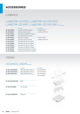 ACCESSOIRES
LUMIANCE
LUMISTRIP LED IP20, LUMISTRIP LED PRO IP20,
LUMISTRIP LED IP67, LUMISTRIP LED PRO IP67

(PAGE 82-83)

	

Description		

Pour l’appareil	

réf. 059 3036910	

Connecteur droit IP20 (10 pièces)	

	 Lumistrip LED IP20

réf. 059 3036911	

Connecteur IP20 (10 pièces)	

	 Lumistrip LED PRO IP20	

réf. 059 3036912	

Connecteur droit RGB IP20 (10 pièces)	

	

réf. 059 3036913	

Connecteur RGB IP20 (10 pièces)			

réf. 059 3036914	

Embout IP67 (10 pièces)	

	 Lumistrip LED IP67

réf. 059 3036916	

Connecteur droit IP67 (5 pièces)	

	 Lumistrip LED PRO IP67

réf. 059 3036917	

Connecteur IP67 100 mm (5 pièces)	

réf. 059 3036918	

Connecteur IP67 300 mm (5 pièces)	

réf. 059 3036919	

Connecteur IP67 500 mm (5 pièces)	

réf. 059 3036920	

Connecteur droit RGB IP67 (5 pièces)	

réf. 059 3036921	

Connecteur IP67 RGB 100 mm (5 pièces)	

réf. 059 3036923	

Connecteur IP67 RGB 500 mm (5 pièces)			

OSRAM
LEDVANCE LINEAR

(PAGE 85)

	

Description		 Pour l’appareil	

réf. 062 LDVLINPOWER	

Câble d’alimentation 1 800 mm	

	 062 LDVLINS14830

réf. 062 LDVLINCC1000	

Câble d’alimentation 1 000 mm	

	 062 LDVLINS14840

réf. 062 LDVLINCC360	

Câble d’alimentation 360 mm	

	

	 062 LDVLINS21830

			 062 LDVLINS2184
		
réf. 062 LDVLINSPLITTER	

		
réf. 062 LDVLIN90CG	

			

90° cable guider		

		
réf. 062 LDVLINSWITCH	

			

Splitter		

			

Interrupteur

					

144

Cebeo I catalogue LED

 