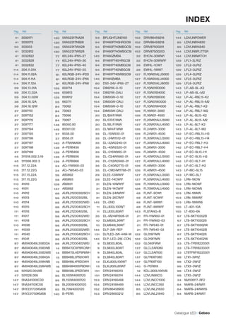 INDEX
Pag.	 Réf.		
41
41
50
41
41
41
41
114
114
114
114
59
59
59
38
38
27
27
27
27
27
27
27
27
27
27
45
45
115
115
115
115
110
110
110
110
110
110
111
111
111
110
111
111
111
87
87
87
87
87
87
46
47
147
147
147
147

Pag.	 Réf.		

3030171
3030172
303033
3032812
3032822
3032828
3032832
304.11.01A
304.11.02A
304.11.11A
304.11.12A
304.13.01A
304.13.02A
304.13.02W
304.18.12A
304.18.12W
3097110
3097132
3097176
3097177
3097194
3097195
3097196
3097197
3097198
3097199
311518.002.3.19
311568.002.3
317.12.22A
317.12.22G
317.15.22A
317.15.22G
41010
41011
41012
41013
41014
41015
41016
41017
41018
41038
41039
41040
41041
4MX40049L5583DA
4MX40049L5583NB
4MX40049L5583WB
4MX40049L5584DA
4MX40049L5584NB
4MX40049L5584WB
501020.004AB
501028.009
5NA34100XC00
5NA34110XC00
5NY231735KM08
5NY231750KM08

130
130
130
130
77
77
77
77
81
81
81
125
125
125
55
84
84
84
84
146
146
37
37
140
139
139
139
139
24
24
56
56
109
137
66
66
66
66
66
66
66
66
66
66
66
66
14
14
15
15
16
16
95
95
95
95
140

Pag.	 Réf.		

5XA52317NA28
	93
5XA52317NS28
94
5XA52317WA28
94
5XA52317WS28
94
60L24V-IP65-27
145
60L24V-IP65-30
94
60L24V-IP65-45
94
60L24V-IP65-55
94
60LRGB-24V-IP20
94
60LRGB-24V-IP65
145
60LRGB-24V-IP68
80
659714
154
659813
154
659912
154
663711
154
73092
154
73093
154
73096
20
73097
20
85050.00
20
85051.00
20
8556.00
35
8556.01
35
A-FRANMI06
35
A-PERS436
35
A-PERS466
35
A-PERS936
35
A-PERS966
35
AQ-11W900-03
35
AQ-7W540-03
35
AS0892
29
AS0893
29
AS0931
31
AS0992
31
AURL21230302SCH
31
AURL21230302SIL
31
AURL21230302WEI 145
AURL21230402SCH
11
AURL21230402SIL
11
AURL21230402WEI
35
AURL21330302SCH
10
AURL21330302SIL
10
AURL21330302WEI 145
AURL21330402SCH 131
AURL21330402SIL
145
AURL21330402WEI
9
BBS470D3PSRCWH
9
BBS470L4EPSRIWH
9
BBS488L3PSDCWH
9
BBS488L4PSDCWH
13
BBS4984000PSDWH
13
BBS498L3PSDCWH
151
BL100W4000120
151
BL150W4000120
153
BL200W4000120
154
BL70W4000120
152
B-PERS
153

Pag.	 Réf.		

BPLIGHTLINE150
	152
BY460P740HRGCSI 152
BY460P740MBGCSI 152
BY460P740WBGCSI 152
BY460ZMBA
32
BY461P740HRGCSI
32
BY461P740MBGCSI
39
BY461P740NBGCSI
39
BY461P740WBGCSI 127
BY461ZMBA
127
D50-24V-IP65-27
127
DIM21W-0-10
127
DIM21W-DALI
127
DIM30W-0-10
127
DIM30W-DALI
127
DIM55W-0-10
127
DIM55W-DALI
126
DL/BA/F/WW
126
DL/CR/F/WW
127
DL/SIL/F/WW
127
DL/WH/F/WW
126
DL-15W930-01
126
DL-24W1512-01
127
DL-32W2240-01
127
DL-40W2520-01
126
DL-C15W995-01
126
DL-C24W1660-01
127
DL-C32W2460-01
127
DL-C40W2770-01
126
DL-CM24W1768-01 126
DLEE-13WW1F
127
DLEE-14CW1F
127
DLEN-13WW1F
128
DLEN-14CW1F
128
DLEN-24WW1F
48
DLEN-26CW1F
48
DL-END
48
DLL830L100WT
48
DLL830L60WT
143
DL-M24W1608-01
21
DLM830L36WT
21
DLM840L36WT
21
DLP-2W-REP
21
DLPLED-2W-44M-W 122
DLP-LED-2W-CON 122
DLS830L80AL
122
DLS830L80WT
137
DLS840L80AL
137
DLS840L80WT
137
DLXL830L100WT
137
DLXL830L60WT
140
DRIV24166313
12
DRIV24166314
144
DRIV24166468
144
DRIV24166469
144
DRIV86458900
85
DRIV28000212
85

DRIV86459216
DRIV86459218
DRIV87500201
DRIV87500203
EHCN-30WW1
EHCN-30WW1F
EWHL-1CW7
EWHL-1WW7
FL10W01ALU3000
FL10W01ALU4000
FL10W01ALU6000
FL10W01B3000
FL10W01B4000
FL10W01B6000
FL10W01W3000
FL10W01W4000
FL16W01-3000
FL16W01-4500
FL20W01ALU3000
FL20W01ALU4000
FL24W01-3000
FL24W01-4500
FL30W01ALU3000
FL30W01ALU4000
FL36W01-3000
FL36W01-4500
FL40W01ALU3000
FL40W01ALU4000
FL48W01-3000
FL48W01-4500
FL50W01ALU3000
FL50W01ALU4000
FL70W01ALU3000
FL70W01ALU4000
FLINT-9CW1
FLINT-9CW1F
FLINT-9WW1
FLINT-9WW1F
FLSTANG-B
FR-11W900-01
FR-11W900-03
FR-7W540-01
FR-7W540-03
GL016FWW
GL019FWW
GL040FWW
GLCLEAR080
GLCLEAR100
GLFR0ST080
GLFR0ST100
G-PERS16
KDLL830L100VIS
LDVLIN90CG
LDVLINCC1000
LDVLINCC360
LDVLINL21830
LDVLINL21840

Pag.	 Réf.		
	144
85
85
144
144
129
129
129
129
129
129
143
143
142
142
142
142
143
143
143
143
142
142
142
142
142
142
142
142
143
143
103
103
103
103
103
103
155
155
67
67
67
67
67
67
33
33
33
98
98
98
98
98
34
64
64
64

LDVLINPOWER
LDVLINS14830
LDVLINS14840
LDVLINSPLITTER
LDVLINSWITCH
LFL1-3LR1Z
LFL2-3LR1Z
LFL3-3LR1Z
LFL4-3LR1Z
LFL5-3LR1Z
LFL6-3LR1Z
LP-AB-SL-K2
LP-AB-SL-M2
LP-AL-RSL15-K2
LP-AL-RSL15-M2
LP-AL-RSL7-K2
LP-AL-RSL7-M2
LP-AL-SL15-K2
LP-AL-SL15-M2
LP-AL-SL7-K2
LP-AL-SL7-M2
LP-EC-RSL15-H3
LP-EC-RSL15-H4
LP-EC-RSL7-H3
LP-EC-RSL7-H4
LP-EC-SL15-H1
LP-EC-SL15-H2
LP-EC-SL7-H1
LP-EC-SL7-H2
LP-MC-SL15
LP-MC-SL7
LRN-18CW
LRN-18CWF
LRN-18CWS
LRN-18WW
LRN-18WWF
LRN-18WWS
LT-401-10A
LT-830-6A
LTS-SKT10302B
LTS-SKT10302S
LTS-SKT10302W
LTS-SKT10402B
LTS-SKT10402S
LTS-SKT10402W
LTS-TPS18220301
LTS-TPS18230301
LTSTPSF18220301
LTX1-3W1Z
LTX2-3W1Z
LTX3-3W1Z
LTX4-3W1Z
LTX5-3W1Z
MA106117-RF2
MARS-24WW1
MARS-24WW1S
MARS-24WW7

	
	

Catalogue LED I Cebeo

 