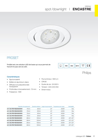intérieur

spot /downlight I ENCASTRE

PROSET
ProSet est une solution LED de base qui vous permet de
franchir le pas vers la LED.

IP20

IK02

650°C

Philips
Caractéristiques
•	 Spot encastré

•	 Flux lumineux : 600 Lm

•	 Boîtier en aluminium, blanc

•	 CRI 80

•	 Diffuseur en polycarbonate
transparent

•	 Durée de vie : 25 000 h

•	 Profondeur d’encastrement : 73 mm

•	 Driver inclus

•	 Tension : 220-240 VAC

•	 Puissance : 13W

	

Diamètre d’encastrement	

Diamètre extérieur	 Angle de rayonnement	 Température de couleur	

Orientabilité	

réf. 002 RS110B25830WH	75mm	

90mm	

25°	

3000K	

Fixe	

réf. 002 RS110B25840WH	75mm	

90mm	

40°	

4000K	

Fixe	

réf. 002 RS110B40830WH	75mm	

90mm	

25°	

3000K	

Fixe	

réf. 002 RS110B40840WH	75mm	

90mm	

40°	

4000K	

Fixe	

réf. 002 RS111B25830WH	 86mm	

105mm	

25°	

3000K	-25°/+25°	

réf. 002 RS111B25840WH	 86mm	

105mm	

40°	

4000K	-25°/+25°	

réf. 002 RS111B40830WH	 86mm	

105mm	

25°	

3000K	-25°/+25°	

réf. 002 RS111B40840WH	 86mm	

105mm	

40°	

4000K	-25°/+25°	

catalogue LED I Cebeo

17

 