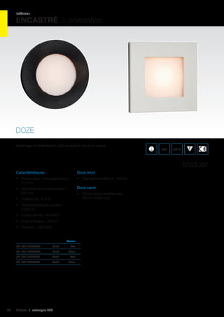 intérieur

ENCASTRÉ I orientation

DOZE
Eclairage d’orientation LED encastré rond ou carré.

IP20

850°C

Modular
Caractéristiques

Doze rond

•	 Profondeur d’encastrement :
47 mm

•	 Diamètre extérieur : 80mm

•	 Diamètre d’encastrement :
68 mm
•	 Puissance : 4,3 W

Doze carré
•	 Dimensions extérieures :
80 mm x 80 mm

•	 Température de couleur :
2 600 K
•	 Durée de vie : 50 000 h
•	 Flux lumineux : 150 Lm
•	 Tension : 230 VAC

		Couleur	

réf. 129 12330032	 Rond	Noir	
réf. 129 12330009	
réf. 129 12330132	

Carré	Noir	

réf. 129 12330109	

40

Rond	Blanc	
Carré	Blanc	

Cebeo I catalogue LED

 