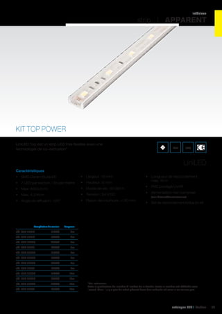 intérieur

strip I APPARENT

KIT TOP POWER
LiniLED Top est un strip LED très flexible avec une
technologie de co-extrusion*.

IP40

IK08

LiniLED
Caractéristiques
•	 SMD Osram Duris E5

•	 Largeur : 12 mm

•	 7 LED par section / 35 par mètre

•	 Hauteur : 6 mm

•	 Max. 400 Lm/m

•	 Durée de vie : 50 000 h

•	 Max. 4,3 W/m

•	 Tension : 24 V DC

•	 Angle de diffusion : 120°

•	 Rayon de courbure : > 30 mm

	

Température de couleur	

•	 Longueur de raccordement
max. 10 m
•	 PVC protégé UV/IR
•	 Alimentation non comprise
(voir Drivers/Convertiseurs)

•	 Set de raccordement inclus en kit

Longueur	

réf. 496 12618	

2700K	2m	

réf. 496 12619	

3000K	2m	

réf. 496 12620	

4000K	2m	

réf. 496 12621	

6500K	2m	

réf. 496 12638	

2700K	5m	

réf. 496 12639	

3000K	5m	

réf. 496 12640	

4000K	5m	

réf. 496 12641	

6500K	5m	

réf. 496 12658	

2700K	10m	

réf. 496 12659	

3000K	10m	

réf. 496 12660	

4000K	10m	

réf. 496 12661	

6500K	10m	

*Co-extrusion:
évite la production de lumière à l’arrière de la bande, toute la lumière est réfléchie vers
l’avant. Ainsi, il n’y a pas de reflet gênant dans des endroits où vous n’en voulez pas.

catalogue LED I Cebeo

69

 