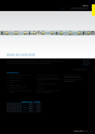 intérieur

strip I APPARENT

BASIC 60 LEDS 3528
Les strips LED flexibles Integra offrent une haute intensité lumineuse avec un
bon rendu de couleur et une grande uniformité de couleur.

IP65

Integratech
Caractéristiques
•	 60 LED SMD 3528 par mètre

•	 Gaine blanche = finition élevée

•	 Tension : 24 VDC

•	 Rouleau de 5 m équipé des deux
côtés de fils de raccordement de
30 cm

•	 Puissance : 4,8 W
•	 CRI 80
•	 Angle de diffusion : 120°

•	 Accessoires non compris
(Voir Accessoires)

•	 Dimmable

•	 Raccourcissable tous les 10 cm
(6 LED)

(Voir Drivers/Convertisseurs)

•	 Longueur de raccordement
max. : 5 m

•	 Durée de vie : 50 000 h

•	 Driver non compris

•	 Bande d’impression équipée de
tape 3M double face

	

Température de couleur	

Flux lumineux	

réf. 540 60L24V-IP65-27	

2700K	192Lm	

réf. 540 60L24V-IP65-30	

3000K	192Lm	

réf. 540 60L24V-IP65-45	

4500K	216Lm	

réf. 540 60L24V-IP65-55	

5500K	216Lm	

catalogue LED I Cebeo

77

 