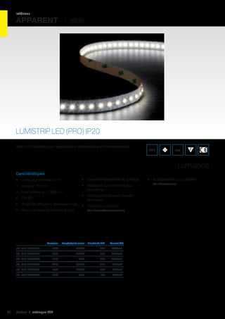 intérieur

APPARENT I strip

LUMISTRIP LED (PRO) IP20
Strip LED flexible pour applications décoratives et fonctionnelles.

650°C

IP20

Lumiance
Caractéristiques
•	 Longueur standard 5 m

•	 Basse température de surface

•	 Largeur : 8 mm

•	 Résistant aux chocs et aux
vibrations

•	 Flux lumineux : 3 300 Lm

•	 Montage facile avec bande
adhésive

•	 CRI 80
•	 Angle de diffusion : faisceau large

•	 Driver non compris

•	 Raccourcissable tous les 6 LED

(Voir Drivers/Convertisseurs)

	Puissance	
Température de couleur	 Nombre de LED		Courant LED

réf. 059 3036887	

3000K	

600		 2000mA

réf. 059 3036888	

48W	

4000K	

600		 2000mA

réf. 059 3036893	

72W	

RGB	

300		 2000mA

réf. 059 3036880	

24W	

3000K	

300		 1000mA

réf. 059 3036881	

24W	

4000K	

300		 1000mA

réf. 059 3036886	

82

48W	

36W	

RGB	

150		 1000mA

Cebeo I catalogue LED

•	 Accessoires non compris
(Voir Accessoires)

 