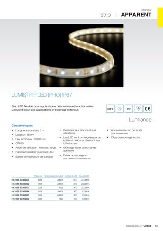 intérieur

strip I APPARENT

LUMISTRIP LED (PRO) IP67
Strip LED flexible pour applications décoratives et fonctionnelles.
Convient pour des applications d’éclairage extérieur.

650°C

IP67

Lumiance
Caractéristiques
•	 Résistant aux chocs et aux
vibrations

•	 Longueur standard 5 m
•	 Largeur : 8 mm
•	 Flux lumineux : 3 300 Lm
•	 CRI 80
•	 Angle de diffusion : faisceau large
•	 Raccourcissable tous les 6 LED
•	 Basse température de surface

	

Puissance	

•	 Accessoires non compris

•	 Les LED sont protégées par un
boîtier en silicone résistant aux
UV et au sel

•	 Clips de montage inclus

(Voir Accessoires)

•	 Montage facile avec bande
adhésive
•	 Driver non compris
(Voir Drivers/Convertisseurs)

Température de couleur	 Nombre de LED		 Courant LED

réf. 059 3036901	

48W	

3000K	

600		 2000mA

réf. 059 3036902	

48W	

4000K	

600		 2000mA

réf. 059 3036907	

72W	

RGB	

300		 2000mA

réf. 059 3036894	

24W	

3000K	

300		

1000mA

réf. 059 3036895	

24W	

4000K	

300		

1000mA

réf. 059 3036900	

36W	

RGB	

150		

1000mA

catalogue LED I Cebeo

83

 