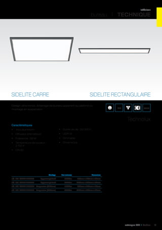 intérieur

bureau I TECHNIQUE

SIDELITE CARRE

SIDELITE RECTANGULAIRE

Design ultra mince, éclairage de bureau apparent au plafond ou
montage en suspension.

IP40

WEEE

Technolux
Caractéristiques
•	

•	 Durée de vie : 50 000 h

Inox aluminium

•	 Diffuseur prismatique

•	 UGR 19

•	 Puissance : 58 W

•	 Dimmable

•	 Température de couleur :
3 700 K

•	 Driver inclus

•	 CRI 80

	

Montage	

Flux lumineux	

Dimensions	

réf. 401 RZB311578004 	

Apparent plafond	

4700Lm	

600mm x 600mm x 48mm	

réf. 401 RZB311579004 	

Apparent plafond	

4400Lm	

1200mm x 300mm x 48mm	

réf. 401 RZB311630004	 Suspension (1200mm)	

4700Lm	

600mm x 600mm x 48mm	

réf. 401 RZB311635004 	 Suspension (1200mm)	

4400Lm	

1200mm x 300mm x 48mm	

catalogue LED I Cebeo

91

 