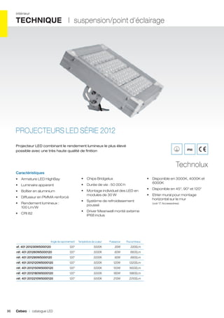 intérieur

TECHNIQUE I suspension/point d’éclairage

PROJECTEURS LED SÉRIE 2012
Projecteur LED combinant le rendement lumineux le plus élevé
possible avec une très haute qualité de finition

IP66

Technolux
Caractéristiques
•	 Armature LED HighBay

•	 Chips Bridgelux

•	 Luminaire apparent

•	 Durée de vie : 50 000 h

•	 Boîtier en aluminium

•	 Montage individuel des LED en
modules de 30 W

•	 Diffuseur en PMMA renforcé

•	 Système de refroidissement
poussé

•	 Rendement lumineux :
100 Lm/W

•	 Disponible en 45°, 90° et 120°
•	 Etrier mural pour montage
horizontal sur le mur

•	 Driver Meanwell monté externe
IP68 inclus

•	 CRI 82

	

•	 Disponible en 3000K, 4000K et
6000K

Angle de rayonnement	

Température de couleur	

Puissance	

Flux lumineux	

ef. 401 201230W5000120	

5000K	 30W	3300Lm	

120°	

5000K	 60W	6600Lm	

réf. 401 201290W5000120	

120°	

5000K	 90W	9900Lm	

réf. 401 2012120W5000120	

120°	

5000K	 120W	13200Lm	

réf. 401 2012150W5000120	

120°	

5000K	 150W	16500Lm	

réf. 401 2012180W5000120	

120°	

5000K	 180W	19800Lm	

réf. 401 2012210W5000120	

96

120°	

réf. 401 201260W5000120	

120°	

5000K	 210W	23100Lm	

Cebeo I catalogue LED

(voir 17 Accessoires)

 