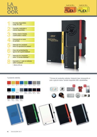 LA
NYB
OOK
1
2
3
4
5
6
7
8
Formatos disponibles:
Large, A5 y A6
Consultar materiales y
colores disponibles
Gráﬁca interior lineada,
cuadriculada o neutra
Estampación en seco
en portada
Selección de Lanyband
entre 20 opciones de colores*
Color del portabolígrafos
igual al de la goma elástica*
Selección de Lanybutton
entre 10 formas distintas**
Impresión a 1 color en silicona
sobre Lanyband1
1. Mínimo 200 uds.
**Formas de Lanybutton estándar. Grabación láser, tampografía en
color o gota de resina. También disponible USB o abrebotellas.
*Lanybands estándar.
485 C
Negro Negro /
2728 C
Negro /
021 C
Negro /
485 C
Negro /
485 C
Negro /
012 C
Negro /
2728 C
Negro /
429 C
Negro /
CG10 C
Cyan Blanco 431 C
012 C 021 C 2945 C 362 C 281 C 7529 C 429 C
A partir de 200 u. A partir de 100 u.
14 C O L E C C I Ó N 2 0 1 7
 
