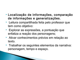  Localização de informações, comparação
de informações e generalizações.
  Leitura compartilhada feita pelo professor que
tem como objetivo:
  Explorar as expressões, a pontuação que
enfatiza a reação dos personagens;
  Ativar conhecimentos prévios em relação ao
texto.
  Trabalhar os seguintes elementos da narrativa:
personagem, tempo e espaço.
 