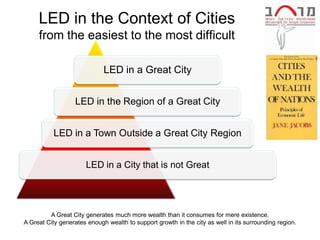 LED in the Context of Cities
     from the easiest to the most difficult

                             LED in a Great City


                   LED in the Region of a Great City


           LED in a Town Outside a Great City Region


                       LED in a City that is not Great




         A Great City generates much more wealth than it consumes for mere existence.
A Great City generates enough wealth to support growth in the city as well in its surrounding region.
 