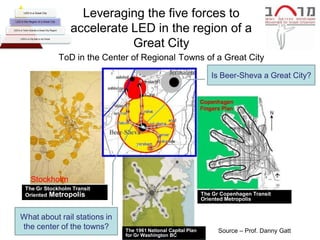 LED in a Great City


 LED in the Region of a Great City
                                                Leveraging the five forces to
LED in a Town Outside a Great City Region     accelerate LED in the region of a
                                                         Great City
      LED in a City that is not Great




                                            ToD in the Center of Regional Towns of a Great City

                                                                                                Is Beer-Sheva a Great City?




                Stockholm
          The Gr Stockholm Transit
          Oriented Metropolis                                                                The Gr Copenhagen Transit
                                                                                             Oriented Metropolis


      What about rail stations in
      the center of the towns?                              The 1961 National Capital Plan         Source – Prof. Danny Gatt
                                                            for Gr Washington BC
 