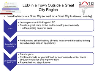 LED in a Great City


 LED in the Region of a Great City              LED in a Town Outside a Great
LED in a Town Outside a Great City Region


      LED in a City that is not Great
                                                         City Region
•         Need to become a Great City (or wait for a Great City to develop nearby)

                                            • Leverage current thinking on LED
                                            • Create a great place to live and to develop economically
            How?                              • In the existing center of town




                                            • Produce and sell something of value to a solvent market by turning
    Jumpstart the
                                              any advantage into an opportunity
      economy



                                            • Earn Imports
                                            • Replace imports for yourself and for economically similar towns
Leverage initial                              through innovation and improvisation
   sales to                                 • Repeat last two steps forever
 