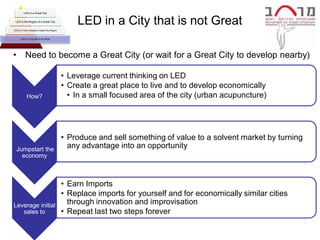 LED in a Great City


 LED in the Region of a Great City
                                                LED in a City that is not Great
LED in a Town Outside a Great City Region


      LED in a City that is not Great




•         Need to become a Great City (or wait for a Great City to develop nearby)

                                            • Leverage current thinking on LED
                                            • Create a great place to live and to develop economically
            How?                              • In a small focused area of the city (urban acupuncture)




                                            • Produce and sell something of value to a solvent market by turning
    Jumpstart the
                                              any advantage into an opportunity
      economy



                                            • Earn Imports
                                            • Replace imports for yourself and for economically similar cities
Leverage initial                              through innovation and improvisation
   sales to                                 • Repeat last two steps forever
 