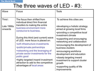The three waves of LED - #3:
Wave         Focus                                  Tools


Third :      The focus then shifted from            To achieve this cities are:
             individual direct firm financial
Late 1990s   transfers to making the entire         •developing a holistic strategy
onwards      business environment more              aimed at growing local firms
             conducive to business.
                                                    •providing a competitive local
                                                    investment climate
             During this third (and current) wave   •supporting and encouraging
             of LED, more focus is placed on:       networking and collaboration
             •soft infrastructure investments       •encouraging the development of
             •public/private partnerships           business clusters
             •networking and the leveraging of      •encouraging workforce
             private sector investments for the     development and education
             public good                            •closely targeting inward
             •highly targeted inward investment     investment to support cluster
             attraction to add to the competitive   growth
             advantages of local areas              •supporting quality of life
                                                    improvements
 