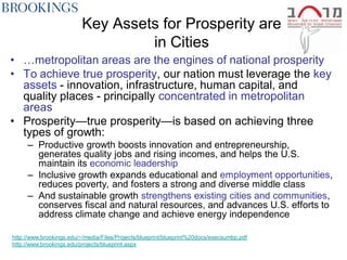 Key Assets for Prosperity are
                                   in Cities
• …metropolitan areas are the engines of national prosperity
• To achieve true prosperity, our nation must leverage the key
  assets - innovation, infrastructure, human capital, and
  quality places - principally concentrated in metropolitan
  areas
• Prosperity—true prosperity—is based on achieving three
  types of growth:
     – Productive growth boosts innovation and entrepreneurship,
       generates quality jobs and rising incomes, and helps the U.S.
       maintain its economic leadership
     – Inclusive growth expands educational and employment opportunities,
       reduces poverty, and fosters a strong and diverse middle class
     – And sustainable growth strengthens existing cities and communities,
       conserves fiscal and natural resources, and advances U.S. efforts to
       address climate change and achieve energy independence

http://www.brookings.edu/~/media/Files/Projects/blueprint/blueprint%20docs/execsumbp.pdf
http://www.brookings.edu/projects/blueprint.aspx
 
