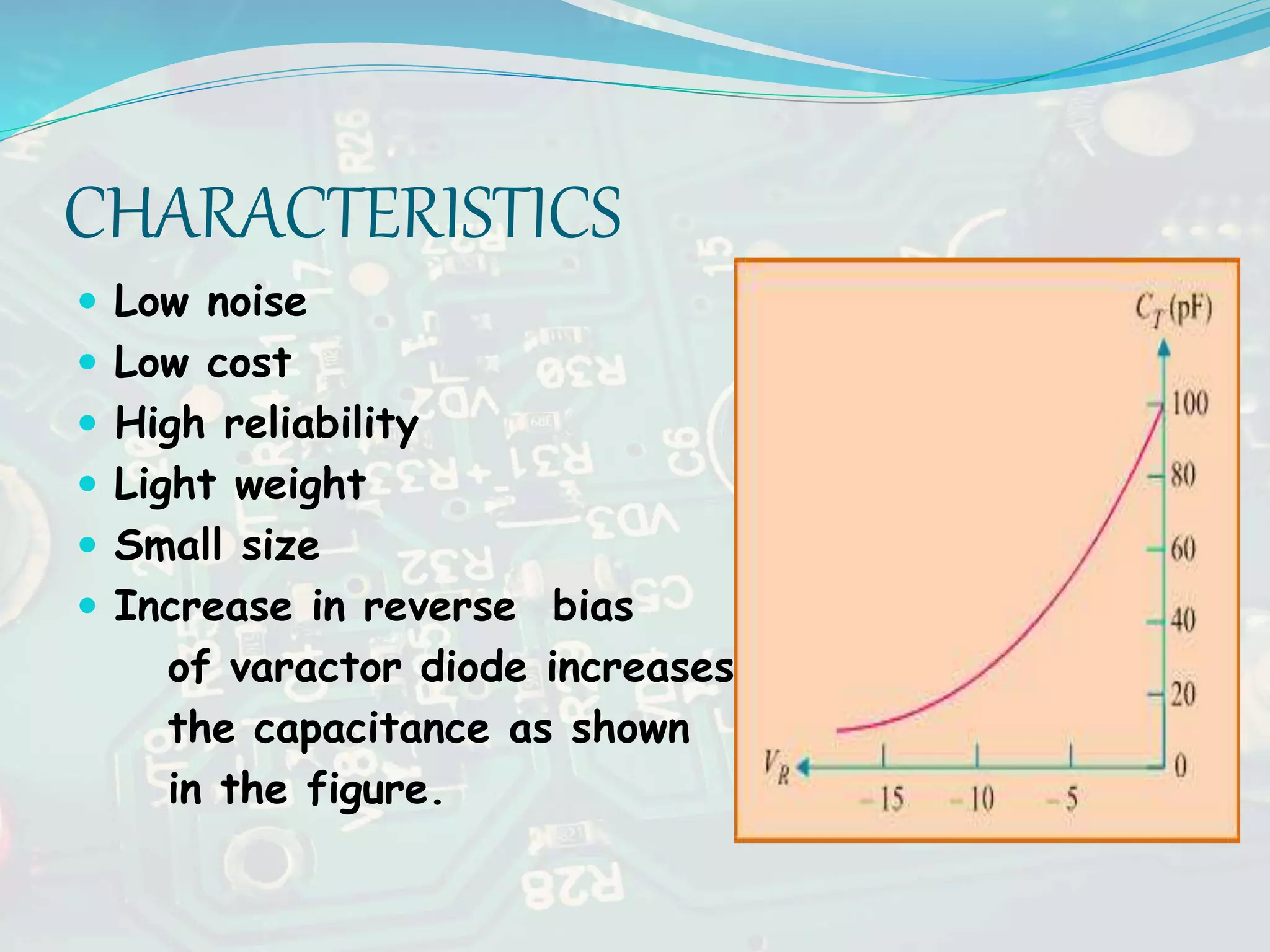 CHARACTERISTICS
 Low noise
 Low cost
 High reliability
 Light weight
 Small size
 Increase in reverse bias
of varactor diode increases
the capacitance as shown
in the figure.
 