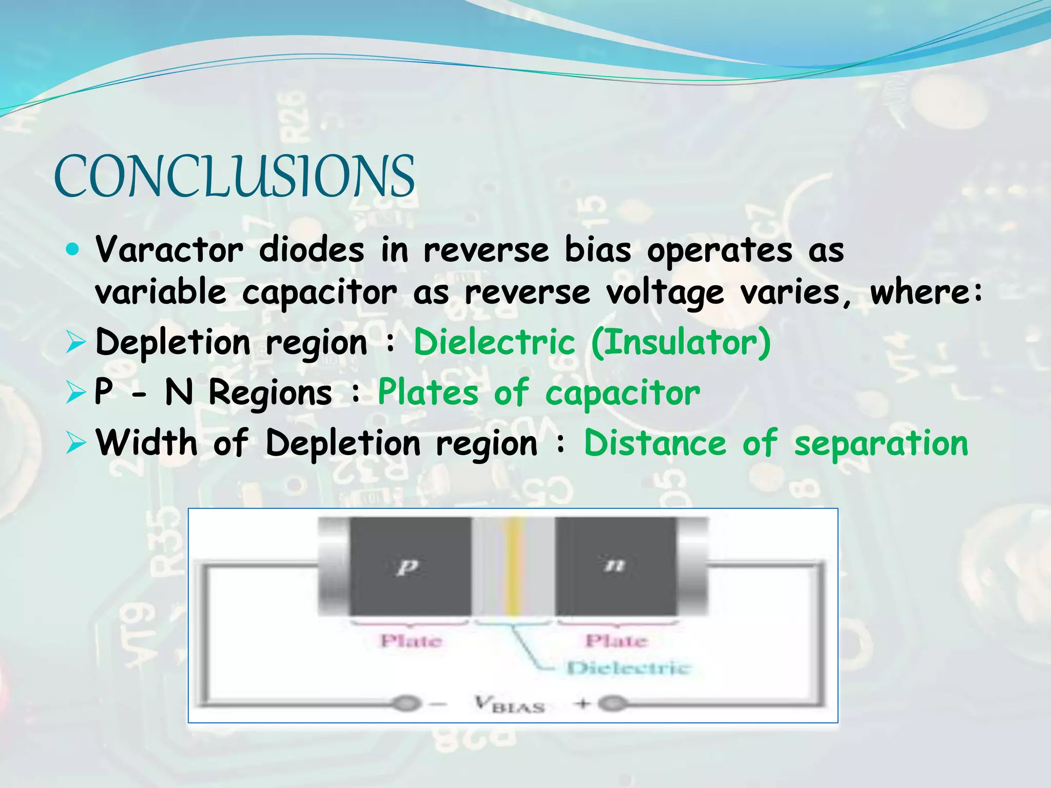 CONCLUSIONS
 Varactor diodes in reverse bias operates as
variable capacitor as reverse voltage varies, where:
 Depletion region : Dielectric (Insulator)
 P - N Regions : Plates of capacitor
 Width of Depletion region : Distance of separation
 