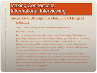 Adapted from “Getting from College to Career: 90 Things To Do Before You Join the Real World” by Lindsey Pollak (HarperCollins Publishers, New York: 2007)




                                                                                                                                                             Sample Email Message to a Close Contact (to get a
                                                                                                                                                                referral)
                                                                                                                                                                Subject: Would you help with my career planning/job search?
                                                                                                                                                                Dear Aunt Meredith,
                                                                                                                                                                Hi- I am writing to ask you a favor. As you know, I’m starting to think about my
                                                                                                                                                                postcollege career plans, and I’m working on finding a great first job. At the moment,
                                                                                                                                                                I’m most interested in careers in these areas: [insert career fields here, e.g.
                                                                                                                                                                pharmaceutical sales, public relations, human resources- you can either send all of
                                                                                                                                                                your interests to everyone on your list, or you can target particular fields to people
                                                                                                                                                                who are more likely to have contacts in that area].
                                                                                                                                                                Since you are a successful and connected person, I’m wondering if you might be
                                                                                                                                                                willing to chat with me about your career or connect me to anyone you know in one
                                                                                                                                                                of these fields who would be willing to talk to me and provide some career advice.
                                                                                                                                                                Let me know what you think, and I’d love to chat with you about this more or send
                                                                                                                                                                along mu resume for your suggestions.
                                                                                                                                                                Thank you so much for your help!
 