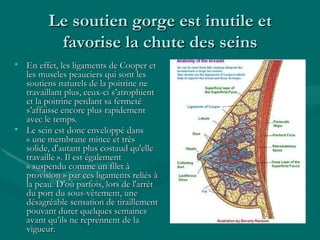 Le soutien gorge est inutile et favorise la chute des seins En effet, les ligaments de Cooper et les muscles peauciers qui sont les soutiens naturels de la poitrine ne travaillant plus, ceux-ci s’atrophient et la poitrine perdant sa fermeté s’affaisse encore plus rapidement avec le temps. Le sein est donc enveloppé dans « une membrane mince et très solide, d'autant plus costaud qu'elle travaille ». Il est également « suspendu comme un filet à provision » par ces ligaments reliés à la peau. D'où parfois, lors de l'arrêt du port du sous-vêtement, une désagréable sensation de tiraillement pouvant durer quelques semaines avant qu’ils ne reprennent de la vigueur.   