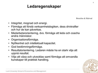 8	



                          Ledaregenskaper

                                                          Bruzelius & Skärvad	


  •  Integritet, mognad och energi.
  •  Förmåga att förstå verksamhetslogiken, dess drivkrafter
     och hur de kan påverkas.
  •  Medarbetarorientering, dvs. förmåga att leda och coacha
     andra människor.
  •  Organisationsförmåga.
  •  Nyfikenhet och intellektuell kapacitet.
  •  God bedömningsförmåga.
  •  Resultatorientering. Ledaren måste ha en stark vilja att
     uppnå resultat.
  •  Vilja att växa och utvecklas samt förmåga att omvandla
     kunskaper till praktisk handling.



Lund University School of Economics and Management
 