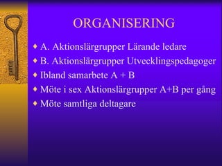 ORGANISERING A. Aktionslärgrupper Lärande ledare B. Aktionslärgrupper Utvecklingspedagoger Ibland samarbete A + B Möte i sex Aktionslärgrupper A+B per gång Möte samtliga deltagare 