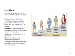 La població
En la societat romana hi havia els
anomenats homes lliures i els esclaus.
Els homes lliures es dividien en:
•Patricis: eren descendents de les
primeres famílies fundadores de
Roma. Eren rics i es dedicaven a la
política.
•Plebeus: era el grup format per
comerciants, soldats,... En un principi,
no tenien dret al poder.
•Lliberts: eren esclaus alliberats de
l’esclavitud.
•Esclaus: eren persones que
pertanyien a un propietari.
Treballaven per ell sense rebre res a
canvi. Generalment els capturaven
durant les guerres.
12
 