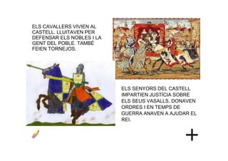 ELS CAVALLERS VIVIEN AL 
CASTELL. LLUITAVEN PER 
DEFENSAR ELS NOBLES I LA 
GENT DEL POBLE. TAMBÉ 
FEIEN TORNEJOS.
ELS SENYORS DEL CASTELL 
IMPARTIEN JUSTÍCIA SOBRE 
ELS SEUS VASALLS, DONAVEN 
ORDRES I EN TEMPS DE 
GUERRA ANAVEN A AJUDAR EL 
REI.
 