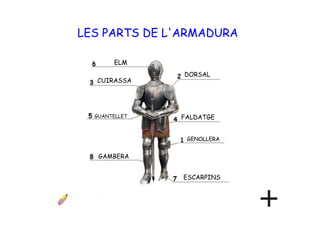 ELM
CUIRASSA
DORSAL
GENOLLERA
ESCARPINS
GUANTELLET
GAMBERA
FALDATGE
LES PARTS DE L'ARMADURA
 
