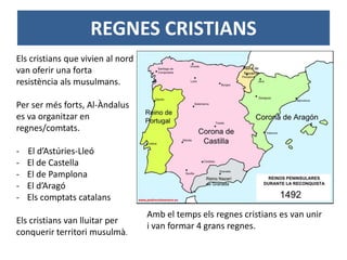 REGNES CRISTIANS
Els cristians que vivien al nord
van oferir una forta
resistència als musulmans.
Per ser més forts, Al-Àndalus
es va organitzar en
regnes/comtats.
- El d’Astúries-Lleó
- El de Castella
- El de Pamplona
- El d’Aragó
- Els comptats catalans
Els cristians van lluitar per
conquerir territori musulmà.
Amb el temps els regnes cristians es van unir
i van formar 4 grans regnes.
 