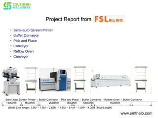 • Semi-auto Screen Printer
• Buffer Conveyor
• Pick and Place
• Conveyor
• Reflow Oven
• Conveyor
Semi-Auto Screen Printer → Buffer Conveyor → Pick and Place → Buffer Conveyor → Reflow Oven → Buffer Conveyor
1500mm 1500mm 2650mm 1500mm 5400mm 1500mm
Whole Line length: 1.5M → 1.5M → 2.65M → 1.5M → 5.4M → 1.5M= 14.05M (Total Length)
www.smthelp.com
Project Report from
 