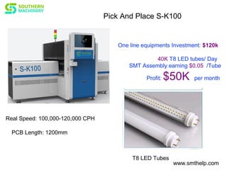 Pick And Place S-K100
Real Speed: 100,000-120,000 CPH
PCB Length: 1200mm
T8 LED Tubes
www.smthelp.com
One line equipments Investment: $120k
40K T8 LED tubes/ Day
SMT Assembly earning $0.05 /Tube
Profit: $50K per month
 