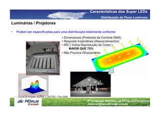 Características dos Super LEDs
                                                                      Distribuição do Fluxo Luminoso
Luminárias / Projetores

•   Podem ser especificadas para uma distribuição totalmente uniforme
                                          • Dimerizáveis (Protocolo de Controle DMX)
                                          • Resposta Instantânea (Reacendimentos)
                                          • IRC ( Indice Reprodução de Cores )
                                               MAIOR QUE 75%
                                          • Não Provoca Ofuscamento




     Curva do Projetor ALPER – LACTEC – Fev 2009
                                                            6º Congresso Brasileiro de Eficiência Energética
                                                            Josemar@HorusEnergia.com.br
 