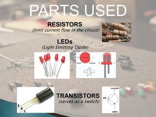 PARTS USED
        RESISTORS
(limit current flow in the circuit)

             LEDs
     (Light Emitting Diode)




            TRANSISTORS
             (serves as a switch)
 