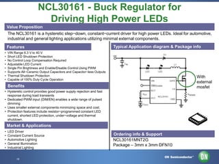 NCL30161 - Buck Regulator for
Driving High Power LEDs
Value Proposition
The NCL30161 is a hysteretic step−down, constant−current driver for high power LEDs. Ideal for automotive,
industrial and general lighting applications utilizing minimal external components.
Typical Application diagram & Package info

Features
•
•
•
•
•
•
•
•

VIN Range 6.3 V to 40 V
Short LED Shutdown Protection
No Control Loop Compensation Required
Adjustable LED Current
Single Pin Brightness and Enable/Disable Control Using PWM
Supports All−Ceramic Output Capacitors and Capacitor−less Outputs
Thermal Shutdown Protection
Capable of 100% Duty Cycle Operation

With
external
mosfet

Benefits
• Hysteretic control provides good power supply rejection and fast
response during load transients
• Dedicated PWM input (DIM/EN) enables a wide range of pulsed
dimming
• Uses smaller external components minimizing space and cost.
• Protection features include resistor−programmed constant LED
current, shorted LED protection, under−voltage and thermal
shutdown.

Market & Applications
•
•
•
•
•

LED Driver
Constant Current Source
Automotive Lighting
General Illumination
Industrial Lighting
19 • Template • Nov-12
19

Ordering info & Support
NCL30161MNT2G
Package – 3mm x 3mm DFN10
Confidential Proprietary

 