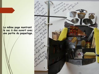 La même page montrant
le sac à dos ouvert avec
une partie du paquetage.
 