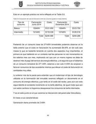 66
INSTITUTO POLITÉCNICO NACIONAL
ESCUELA SUPERIOR DE INGENIERÍA MECÁNICA Y ELÉCTRICA
Esto en un ejemplo práctico se vería reflejado en la Tabla 5.6.
Tabla 5.6 Comparación del costo de facturación entre dos consumos iguales en meses distintos.
Tipo de
consumo
Facturación
Junio 2014
Costo Facturación
Diciembre 2014
Costo
Básico 150kWh $121.050 150kWh $123.750
Intermedio 121kWh $118.338 121kWh $120.516
Total: $239.388 Total: $244.266
Partiendo de un consumo base de 271kWh bimestrales podemos observar en la
tabla anterior que el costo en facturación ha aumentado $4.878, en tan solo seis
meses lo que es bastante teniendo en cuenta dos aspectos muy importantes, el
primero es que hablando en un contexto real las personas no ven incrementos en
los salarios mes con mes, implicando así que con un mismo ingreso se debe de
destinar más al pago del servicio de energía eléctrica, y el segundo que si hablamos
de un consumo bimestral de 271 kWh, estamos a tan solo 9 kWh de empezar a
facturar consumos de tipo excedente mismos que elevan el coste de facturación en
cantidades muy altas.
Lo anterior nos da la pauta para entender que al modernizar el tipo de tecnología
utilizada en la iluminación del inmueble veremos reflejado un decremento en el
consumo de energía eléctrica y por tanto en el coste del recibo, pero aún con esto
sigue latente el constante incremento en la tarifa eléctrica, de igual modo que aún
con estos cambios no logramos desaparecer los consumos de tarifa intermedia.
Y es en este punto en el que veremos la intervención del panel solar fotovoltaico,
En base a sus características:
Generación diaria promedio de 2 kWh
 