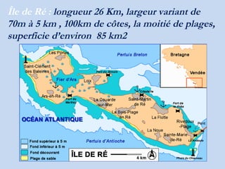 Île   de   Ré   :  longueur 26 Km, largeur variant de 70m à 5 km , 100km de côtes, la moitié de plages, superficie d’environ  85 km2 