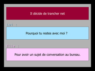 Il décide de trancher net


Lui :

          Pourquoi tu restes avec moi ?



Elle :

   Pour avoir un sujet de conversation au bureau.
 