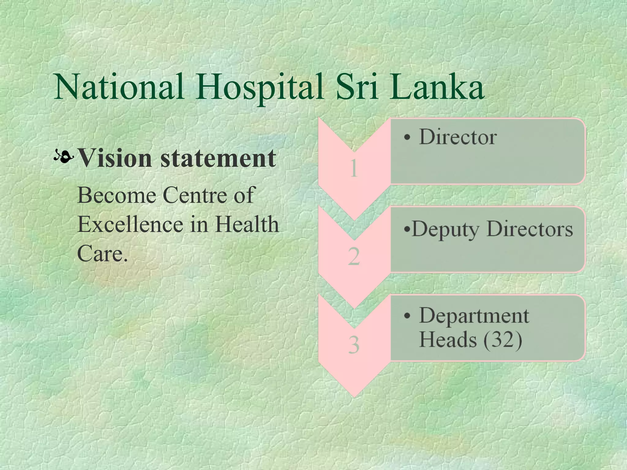 National Hospital Sri Lanka Vision statement Become Centre of Excellence in Health Care.    