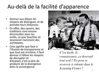 Au-delà de la facilité d’apparence
• Donner aux élèves les
  moyens de distinguer, et de
  prendre leurs distances.
• En effet, des savoirs, des
  traditions sont encore
  dissimulées dans les
  outils, ce que Souchier et
  Jeanneret nomment des
  architextes.
• Cela signifie que face à
  l’illusion de transparence et
  que tout est similaire, il faut   C’est facile, la
  donner à l’élève les moyens       connaissance, ça descend
  de décrypter et
  d’évaluer, c’est-à-dire de        tout seul ! Tu peux te
  produire de la divergence         resservir à volonté dans le
  dans la convergence.
                                    Learning Center !
                                                             15
 