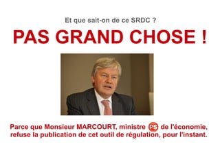 PAS GRAND CHOSE !
Parce que Monsieur MARCOURT, ministre de l'économie,
refuse la publication de cet outil de régulation, pour l'instant.
Et que sait-on de ce SRDC ?
 