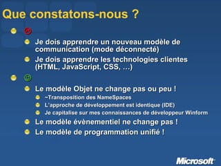 Que constatons-nous ?  Je dois apprendre un nouveau modèle de communication (mode déconnecté) Je dois apprendre les technologies clientes (HTML, JavaScript, CSS, …)   Le modèle Objet ne change pas ou peu ! ~Transposition des NameSpaces L’approche de développement est identique (IDE) Je capitalise sur mes connaissances de développeur Winform Le modèle évènementiel ne change pas ! Le modèle de programmation unifié ! 