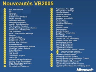 Nouveautés VB2005 Edit and Continue  My Generics  Click Once Data Sources Windows Object Binding Web Service Binding Debugger Visualizers  Just My Code Debugging  The Exception Assistant  Design Time Expression Evaluation  IntelliSense Code Snippets  XML Comments  Error Correction and Warnings  Rename  Attribute Editing  IntelliSense Filtering  IntelliSense in Zone  New VB Item Templates  Find References  Exportable Development Settings  Simplified Tools -> Options Project Designer  Starter Kits  XML Editor Zero Impact Projects Start Page Authenticode signing support Custom Setup Bootstrapper Big 5 Bootstrapper packages (Fx 2.0, SSE, etc.) Strongly typed Resources Registration Free COM Strongly typed Settings Using statement Continue statement Global keyword Accessor accessibility  Partial types Unsigned types Operator overloading Warnings Custom Events TableAdapters DataSet Designer Drag Once Form creation Smart Tags Parameterized query Connect the Dots databinding Custom Control drag / drop Lookup table binding Upgrade WebBrowser Upgrade Masked Edit  Upgrade Rich textbox  Upgrade Windows Common Controls TreeView, ListView, ImageList ToolBar, StatusBar, ProgressBar Upgrade Common Dialogs Upgrade MTS/COM+ Projects Upgrade BackgroundImageLayout Property  Upgrade keys in KeyPress event  Upgrade additional Keywords Updated Keys In Control Collections  Upgrade Unload Mode in FormClosing Event   