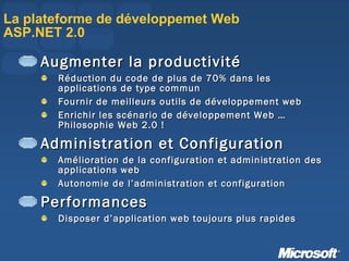 La plateforme de développemet Web ASP.NET 2.0 Augmenter la productivité  Réduction du code de plus de 70% dans les applications de type commun Fournir de meilleurs outils de développement web Enrichir les scénario de développement Web … Philosophie Web 2.0 ! Administration et Configuration Amélioration de la configuration et administration des applications web Autonomie de l’administration et configuration Performances Disposer d’application web toujours plus rapides 