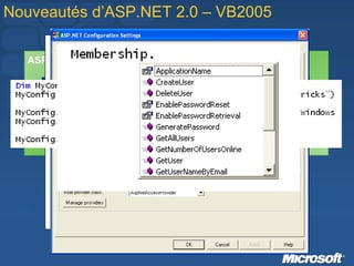 Membership Role Manager Personalization Site Navigation Database Caching Management Nouveautés d’ASP.NET 2.0 – VB2005 ASP.NET 2.0 Application Services APIs 