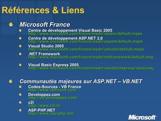 Références & Liens Microsoft France Centre de développement Visual Basic 2005 http://www.microsoft.com/france/msdn/vbasic/default.mspx   Centre de développement ASP.NET 2.0 http://www.microsoft.com/france/msdn/aspnet/default.mspx   Visual Studio 2005 http://www.microsoft.com/france/msdn/vstudio/default.mspx   .NET Framework http://www.microsoft.com/france/msdn/netframework/default.mspx   Visual Basic Express 2005 http://www.microsoft.com/france/msdn/vstudio/express/vbasicexpress.mspx   Communautés majeures sur ASP.NET – VB.NET Codes-Sources - VB France http://www.vbfrance.com/   Developpez.com http://vb.developpez.com/   c2i http://www.c2i.fr/   ASP-PHP.NET http://www.asp-php.net/   