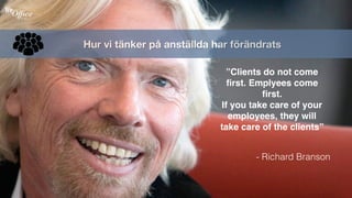 Hur vi tänker på anställda har förändrats
”Clients do not come
ﬁrst. Emplyees come
ﬁrst.
If you take care of your
employees, they will
take care of the clients”
- Richard Branson
 