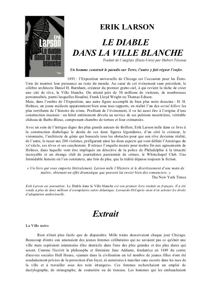 Le Diable Dans La Ville Blanche Le diable dans la ville blanche présentation et extrait